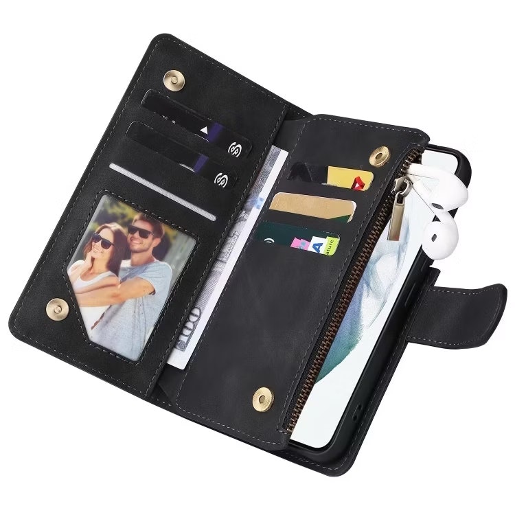 iPhone 12 - Multifunktionellt Plånboksfodral Zipper 8-Fack Svart