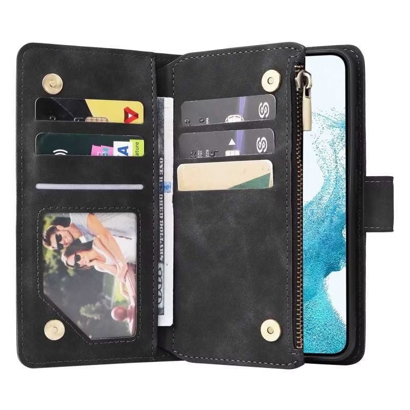 Samsung S22 - Multifunktionellt 8-Fack Plånboksfodral Zipper Svart