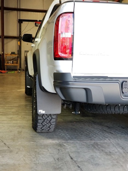 Black mudflaps with white logos for Chevrolet