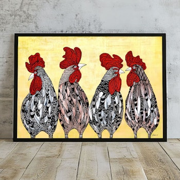 Kunsttrykk  A3 "4 Roosters"