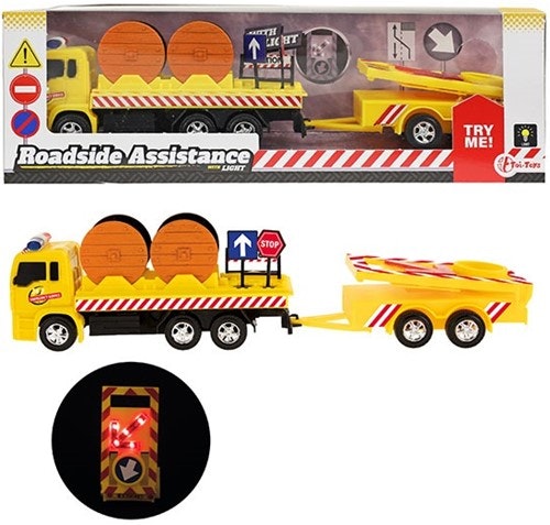 Lastbil, vägtrafik med flak och blinkande vägskyltar (ca 16cm + 13cm)