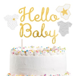 Tårtdekoration Hello Baby Guld Glitter