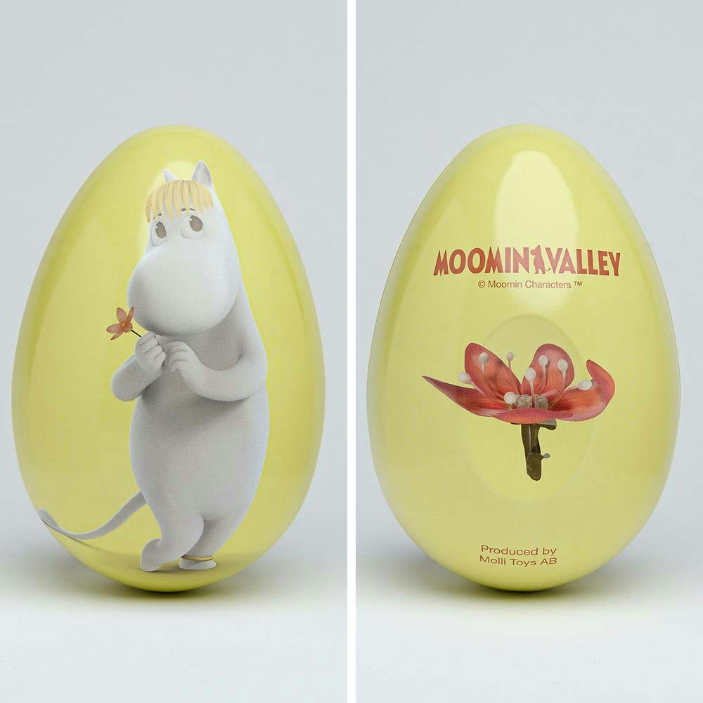Muminpåskägg med Snorkfröken-motiv, gult ägg med lekfull design och plats för påskgodis.