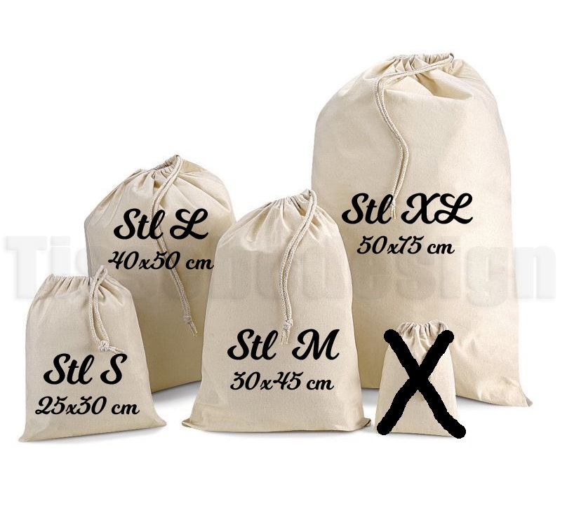 En bild som vissar dom olika säckarnas storlekar i S - XL