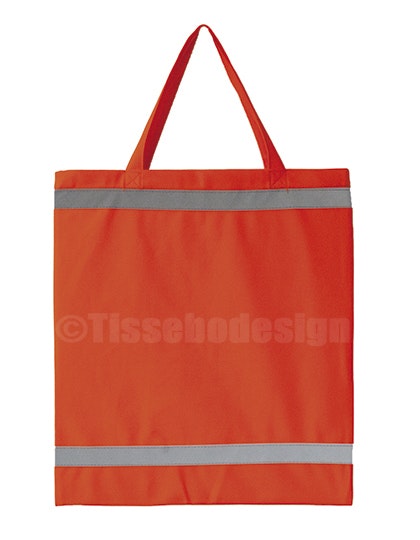 Bilden visare en orange tygväska / reflexkasse. Med 2 reflexränder en upptill odh nertill p å väskan och motivet trycks i svart färg.