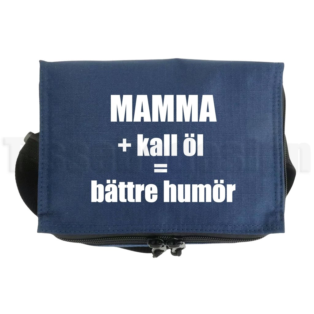 Kylväska med texten Mammas + kall öl = bättre humör – humoristiskt tryck