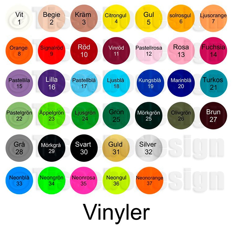 Färgkarta över vilka vinyler man kan välja på texten på T-shirten