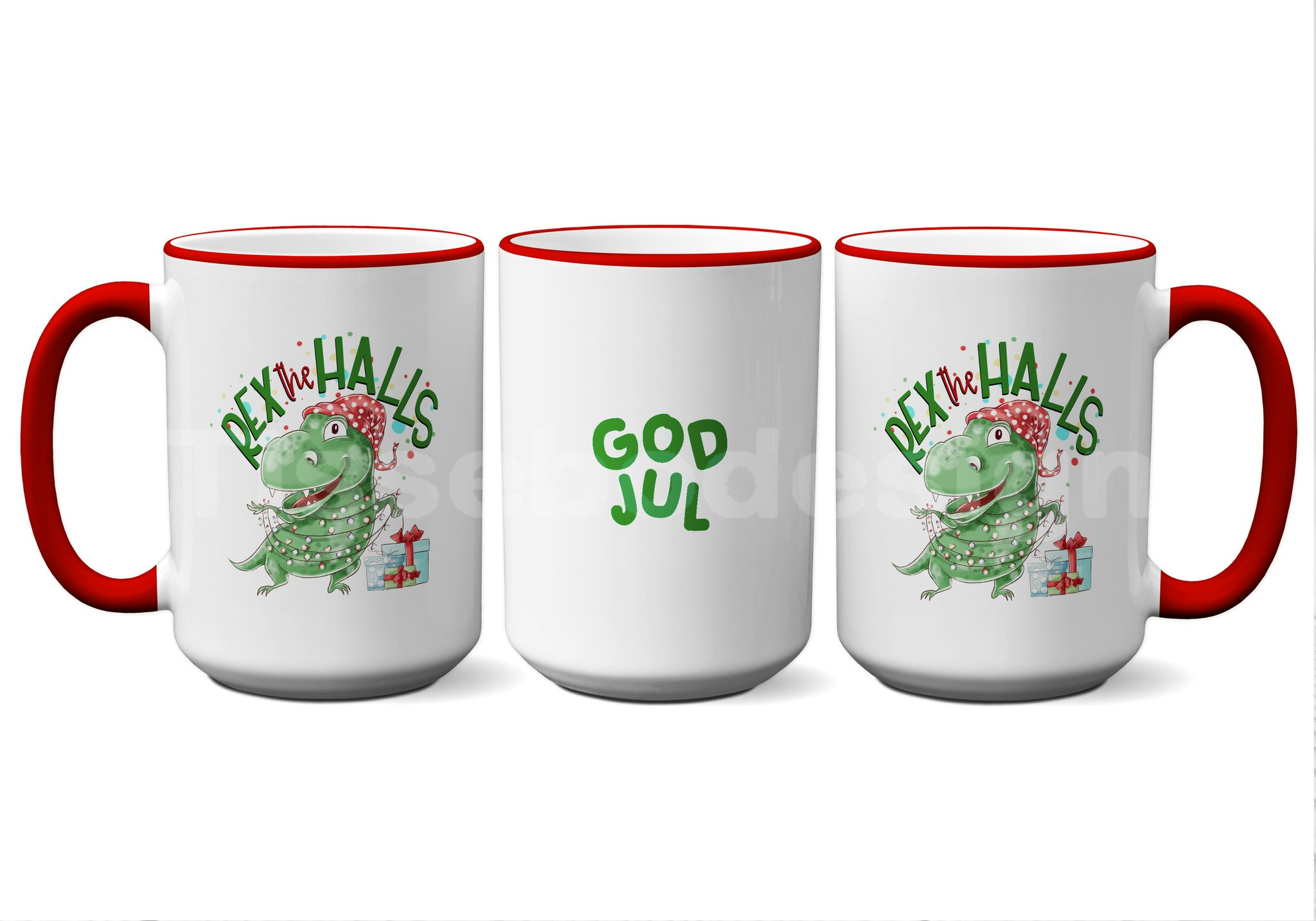 Julmugg med trycket Tree Rex, dinosaurie klädd som en julgran. Keramik, 450 ml, med rött handtag och kant