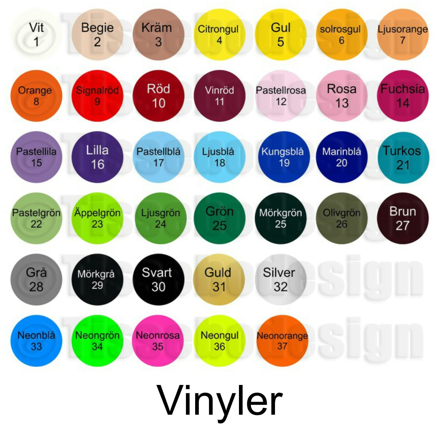 En färgkarta över vinyl som man kan välja på