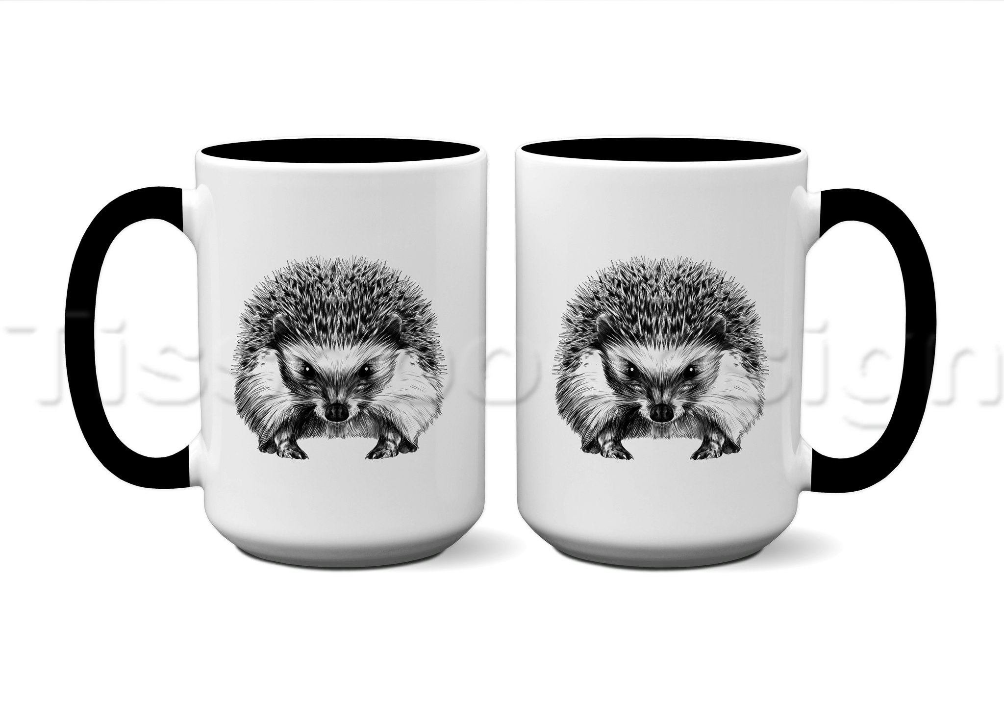 En vit 450 ml  mugg med svart insida och svart handtag, tryckt med en igelkott på bägge sidor av muggen