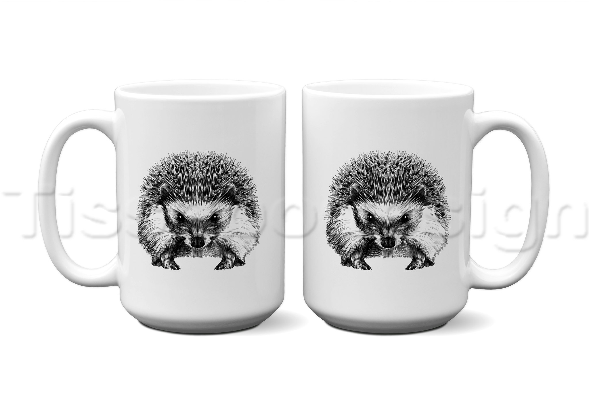 En vit 450 ml  mugg, tryckt med en igelkott på bägge sidor av muggen