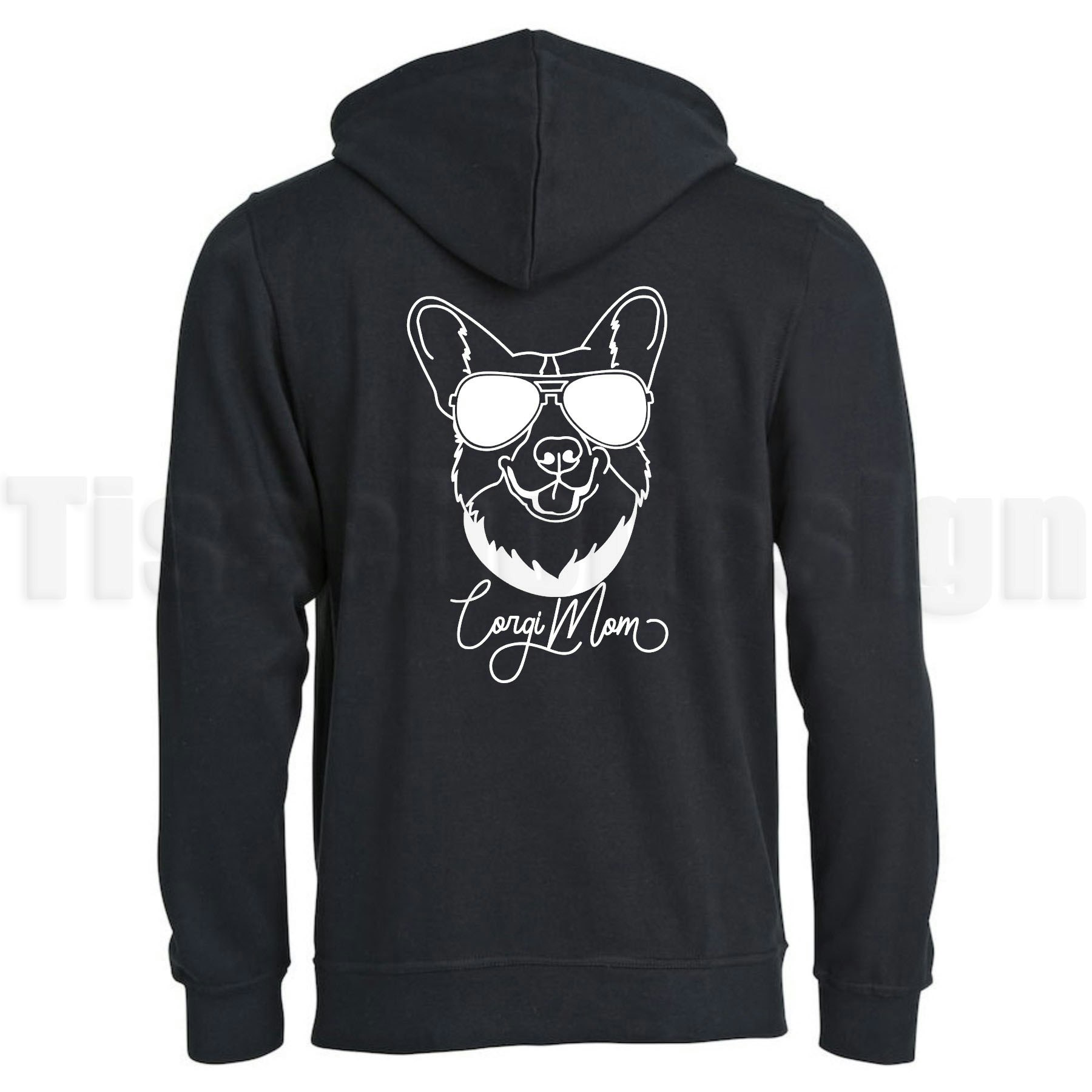 En svart hoodie Basic Oversize med trycket Corgi mom, finns i storlekarna XS-5XL