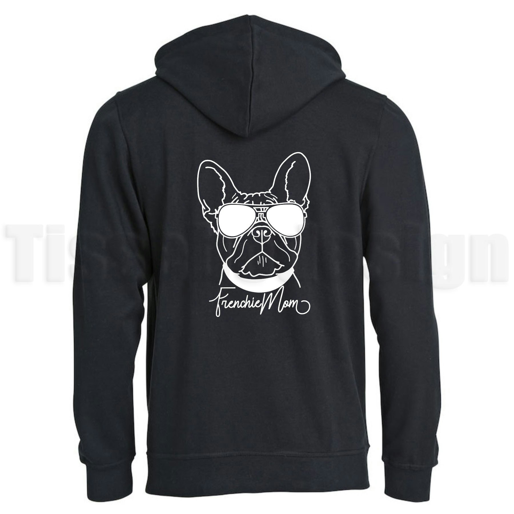 En svart hoodie Basic Oversize med trycket Frenchie mom, finns i storlekarna XS-5XL