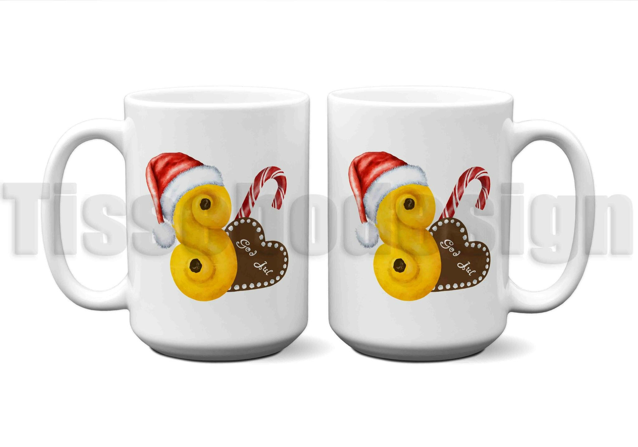 Vit keramisk mugg med motiv av lussebullar, 450 ml, med tryck på båda sidor.