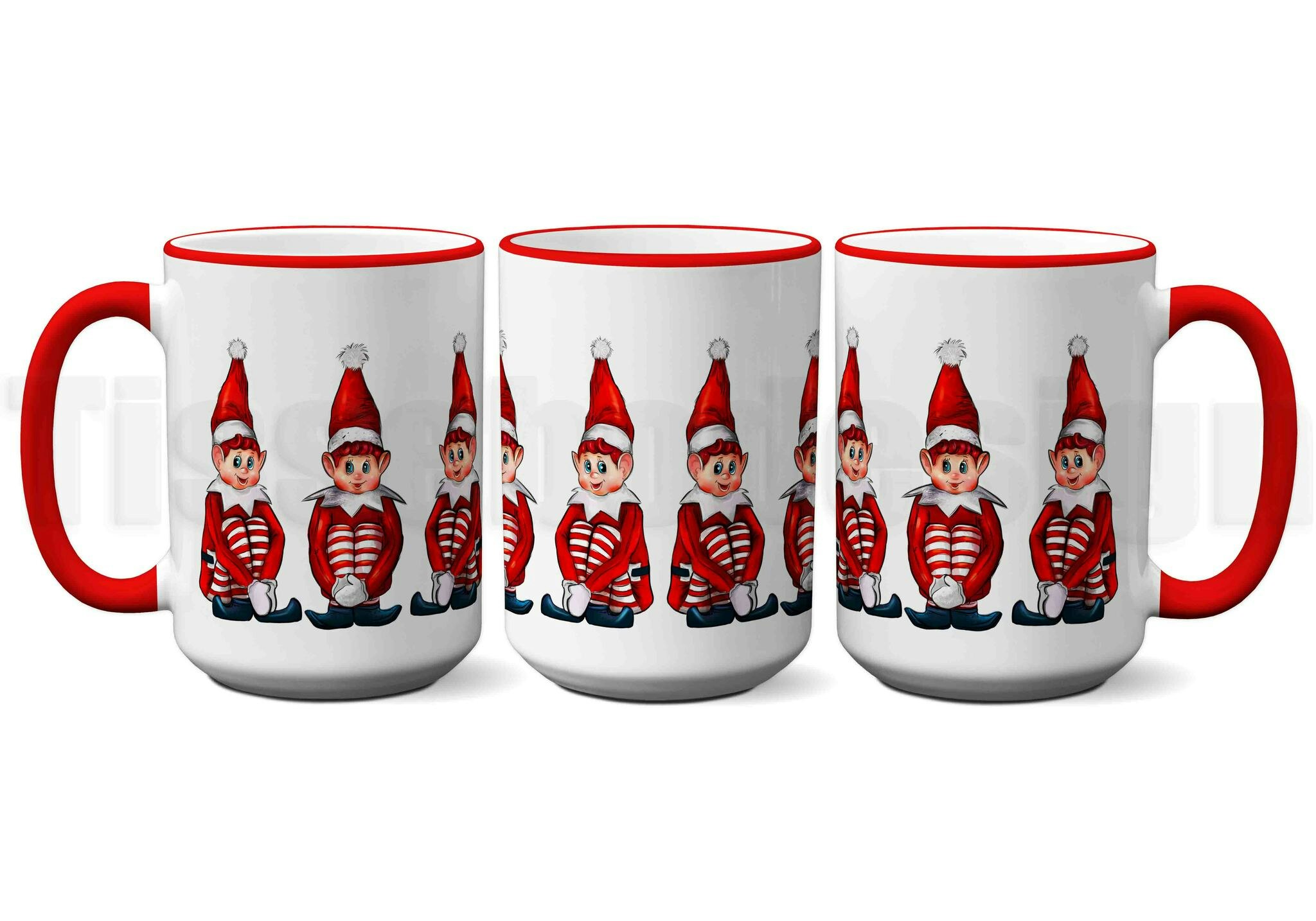 Vit mugg med rödahandtag och kant samt motiv av en glad elf i grönt och vitt tryck, porslin 450 ml, tryck på båda sidor.