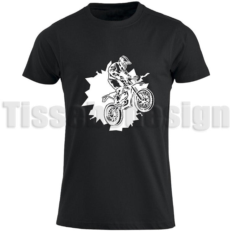 Svart T-shirt med en bild på en Motocross i vit - sportig design, 100% bomull, unisex, S till 5XL.