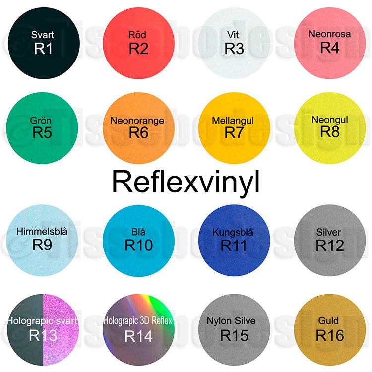 En färgkarta över reflexvinyl som man kan välja på