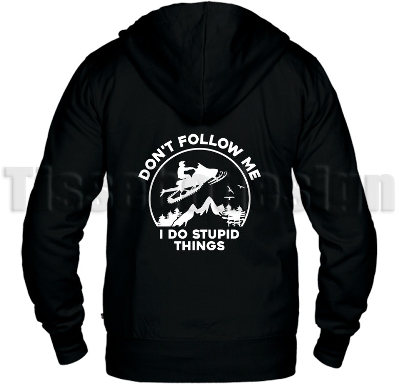 En Svart Hooded Cardigan, en kvalitets tröja från Texstar med trycket Don´t Follow Me och en snöskoter
