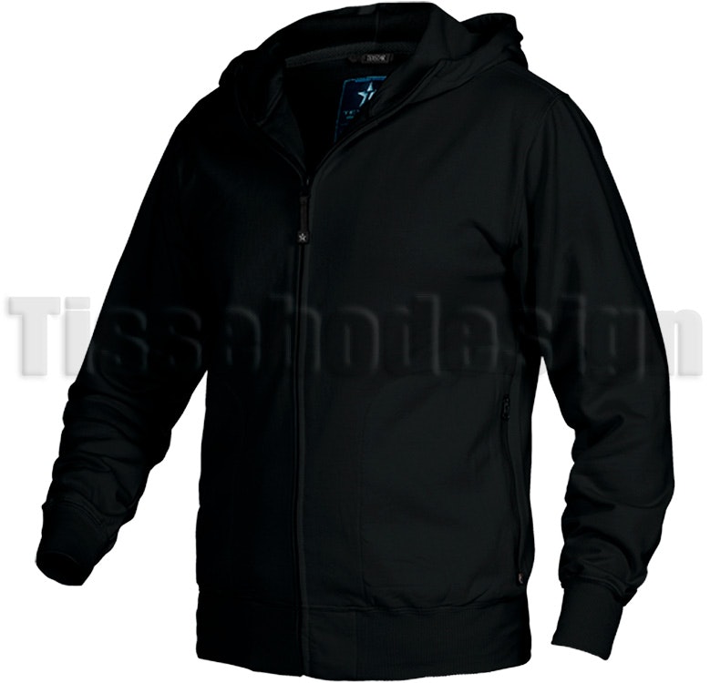 En Svart Hooded Cardigan, en kvalitets tröja från Texstar, så här ser tröjan snett från sidan