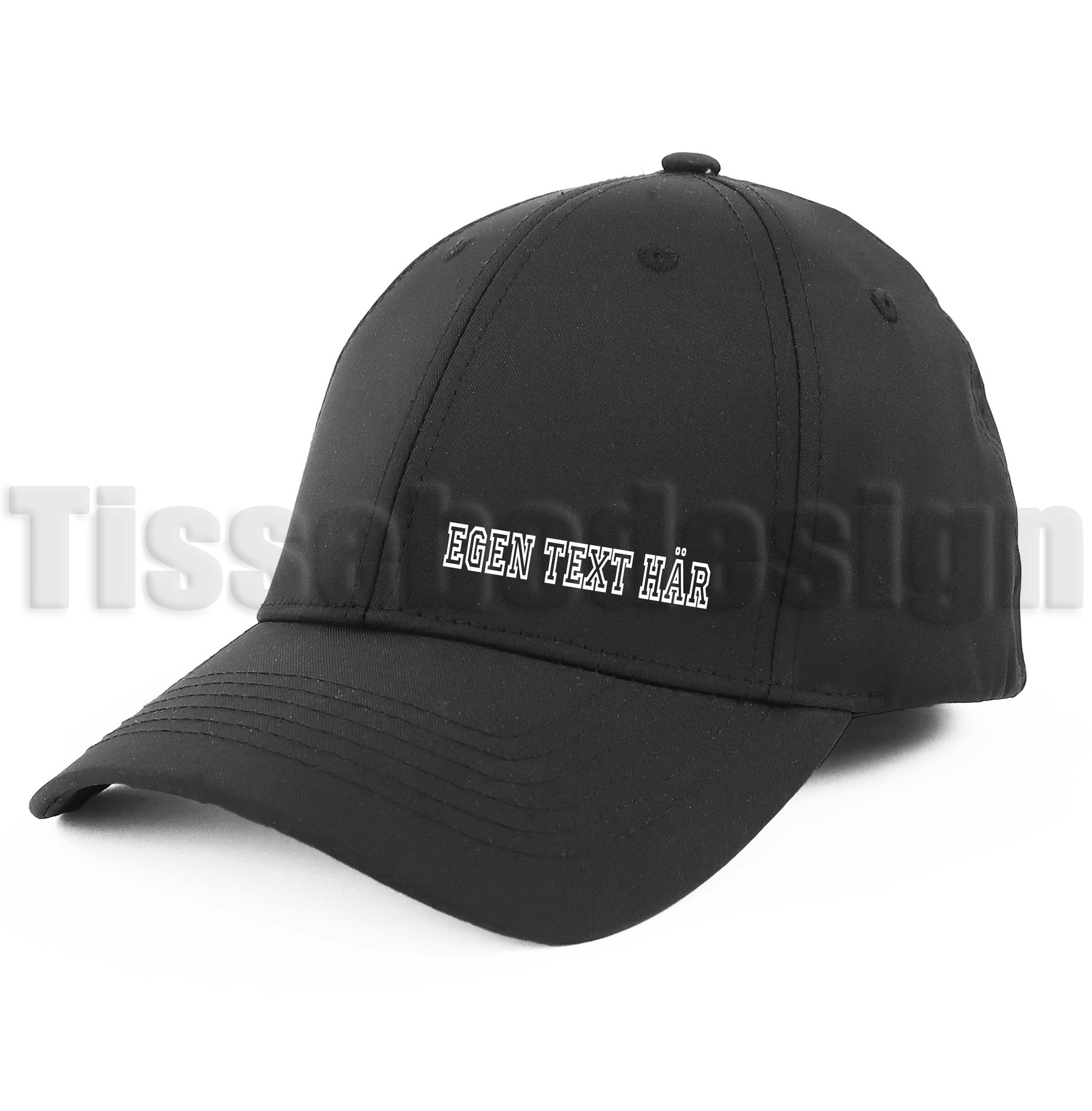 Svart elastiks och Stretchs keps som man kan trycka en egen text på, finns i storlekarna S/M eller L/Xl