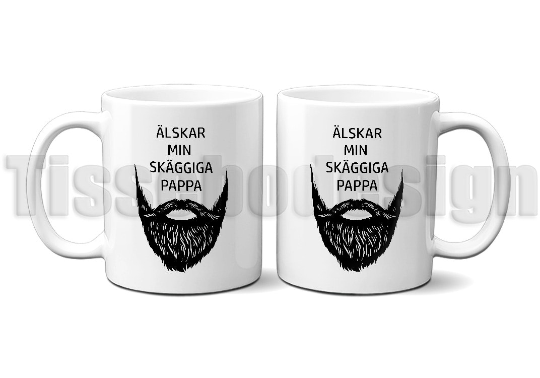 Vit 330 ml mugg med kärleksfull text älskar min skäggiga pappa och stiliserat skägg i svart