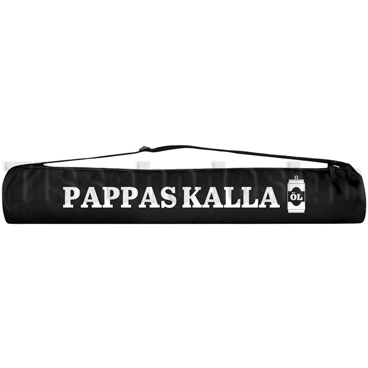 Bilden visare en svart Tub kylväska Med Tryck Pappas Kalla Öl i vit.