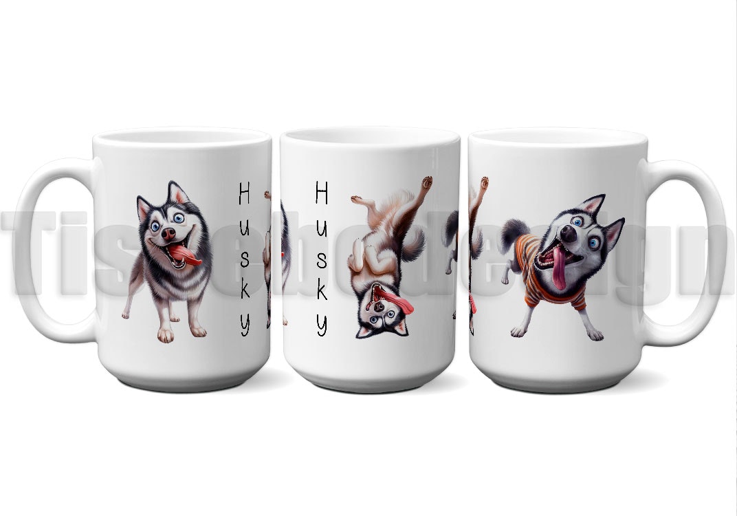 Hel vit Mugg med bilder på 3 st crazzy huskyn