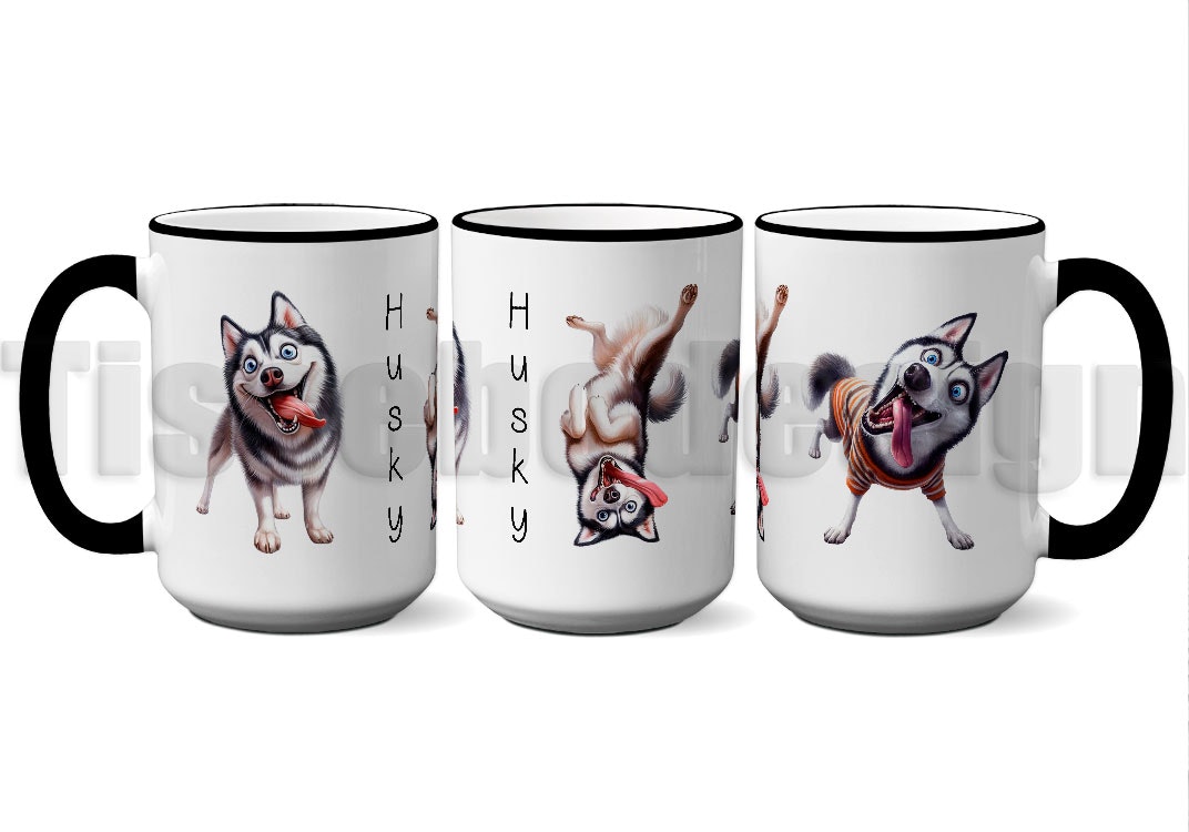 Hel vit Mugg med svart kant och svaret handtag med bilder på 3 st crazzy huskyn