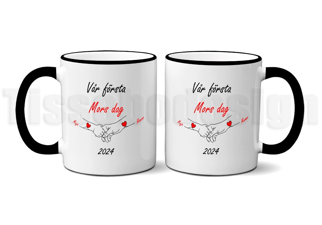 Vit mugg med svart insida och handtag, samma design med namn och hjärtan - 330 ml