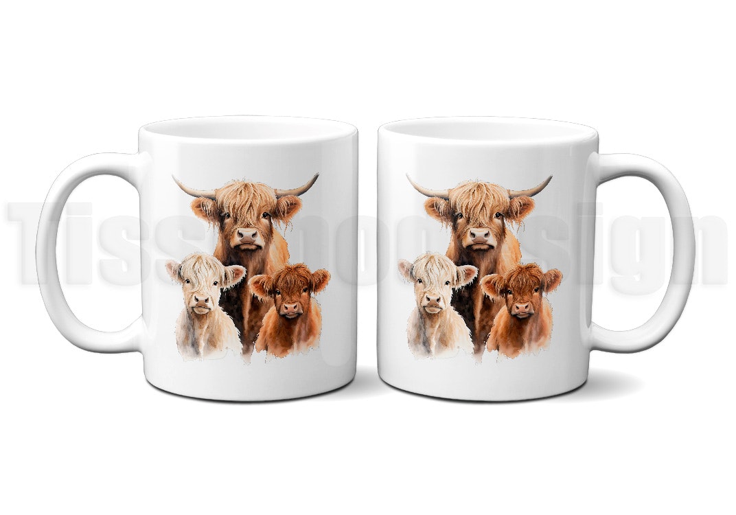 Mugg Highland Cow en hel vit mugg, med trycket Highland Cow.