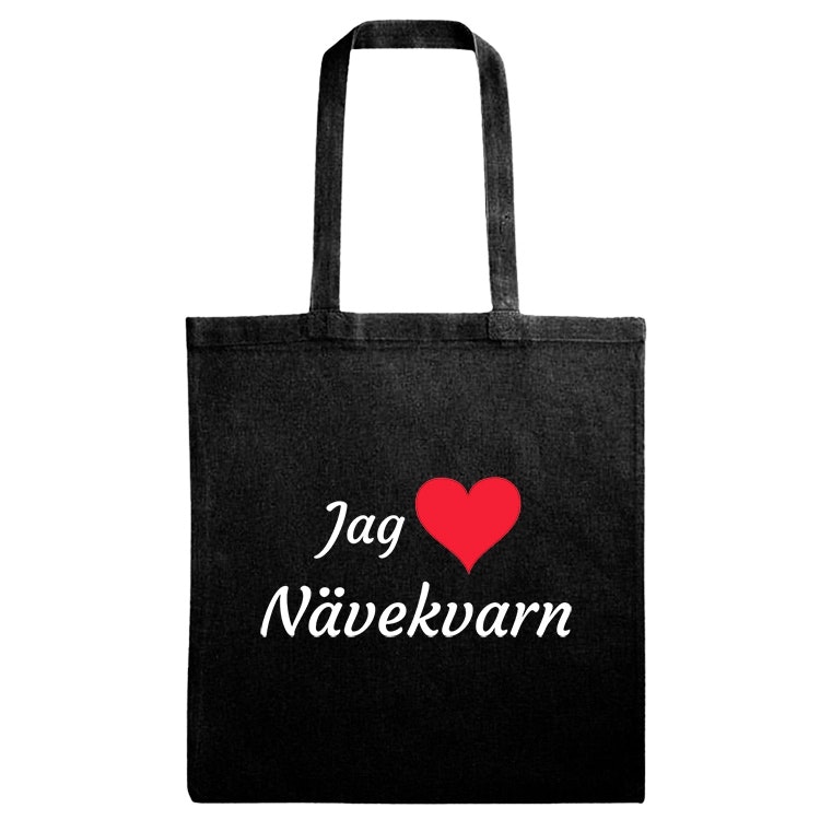 Fairtrade-certifierad svart tygväska med Jag ❤️ Nävekvarn-tryck, rymlig och perfekt för shopping
