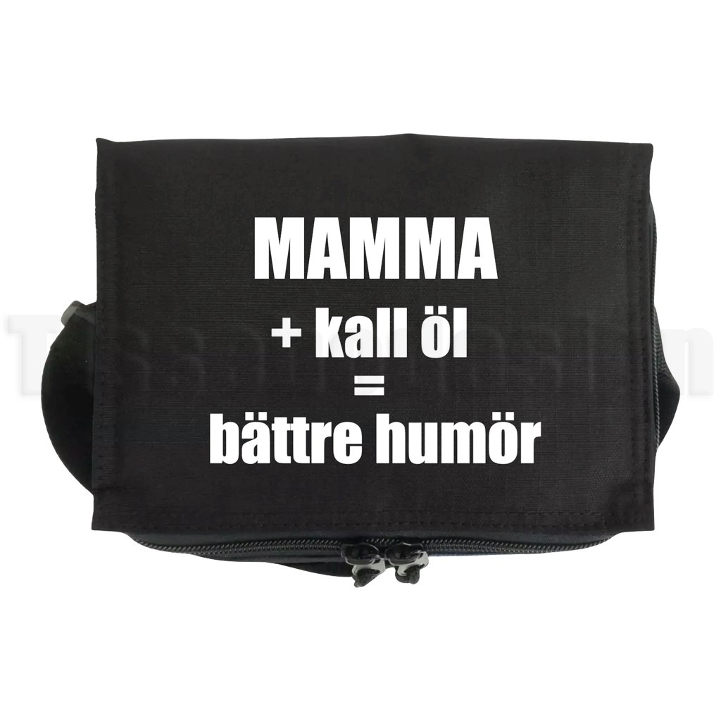 Kylväska med texten Mammas + kall öl = bättre humör – med rolig text för mamma