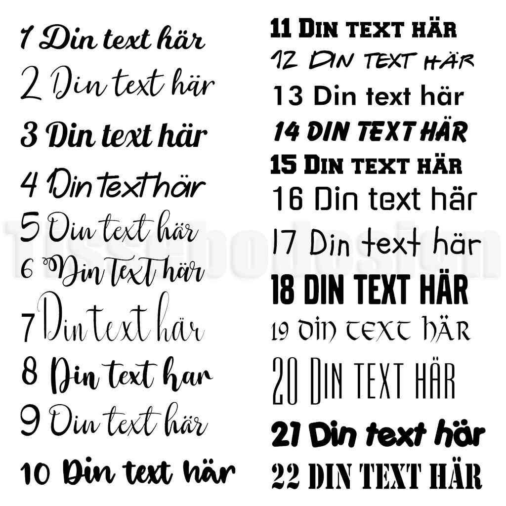 Översikt med 22 typsnittsalternativ för anpassad textdesign – varje stil numrerad för val i produktfält