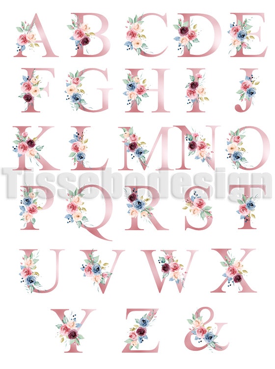 Rosa alfabet med blommotiv för varje bokstav, från A till Z samt tecknet "&". Perfekt för personliga tryck och design.