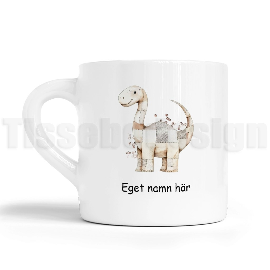 Barnmugg med beige dinosauriemotiv och möjlighet att lägga till eget namn.