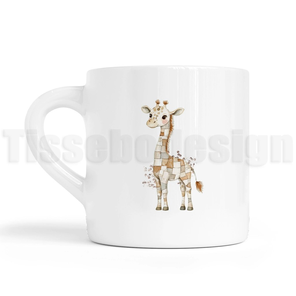 Barnmugg med en beige och brun giraff i akvarellstil på vit mugg.