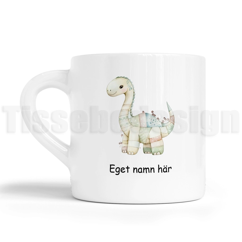 Barnmugg med grön dinosauriemotiv i pastell och möjlighet att lägga till eget namn.
