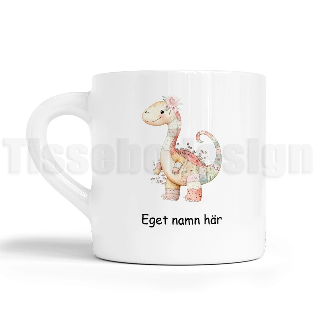 Barnmugg med dinosauriemotiv i mjuka färger och möjlighet att lägga till eget namn.