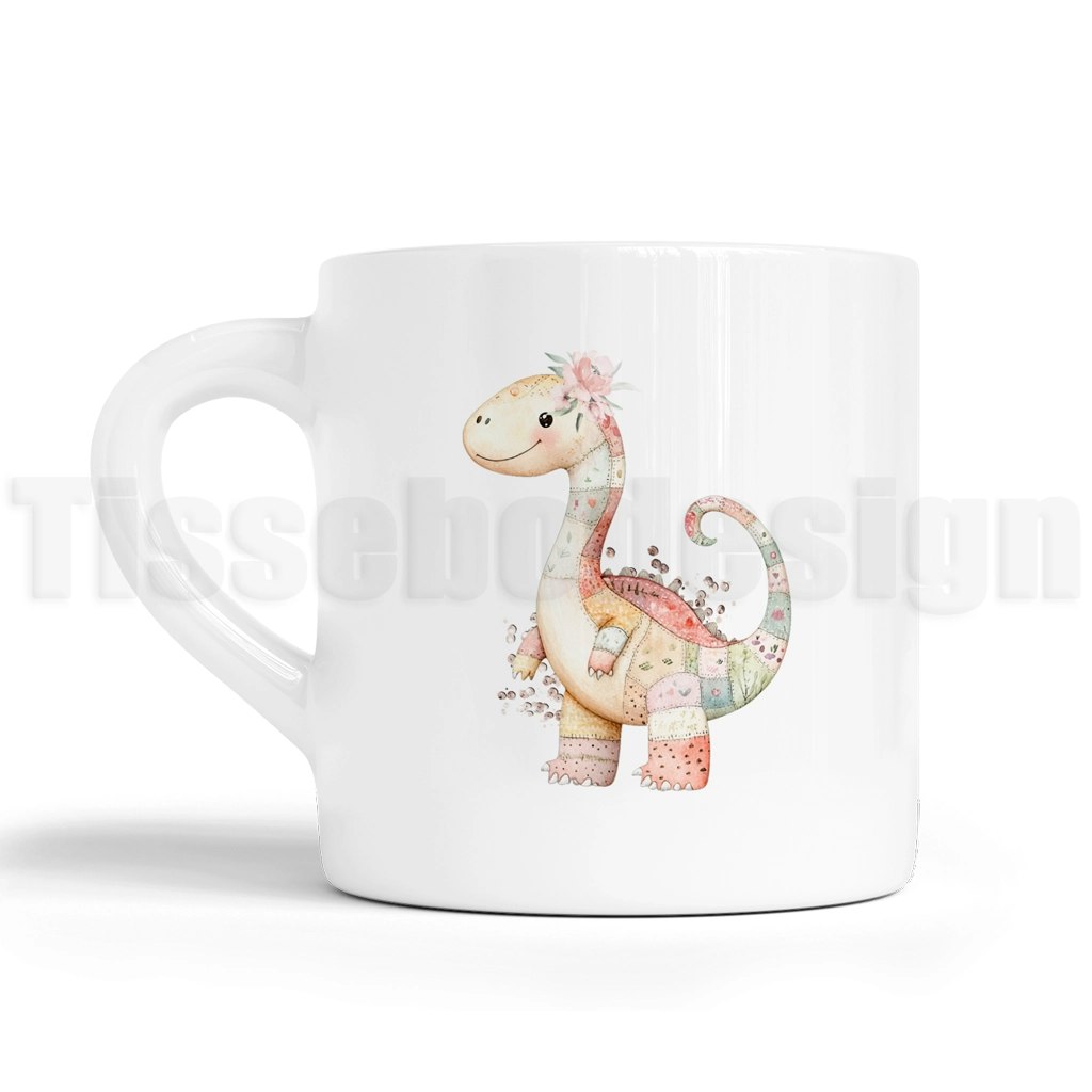 Barnmugg med en pastellfärgad dinosaurie med blomdekoration på vit mugg.