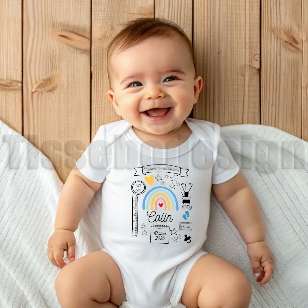Vit babybody med trycket Välkommen till världen – personlig med namn, datum och födelseinfo.