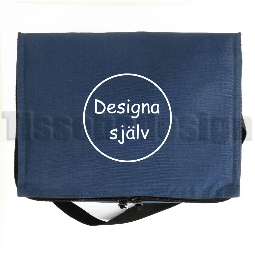 Marinblå Kylväska ovanifrån med texten Designa själv – anpassningsbar produkt med tryckyta på locke