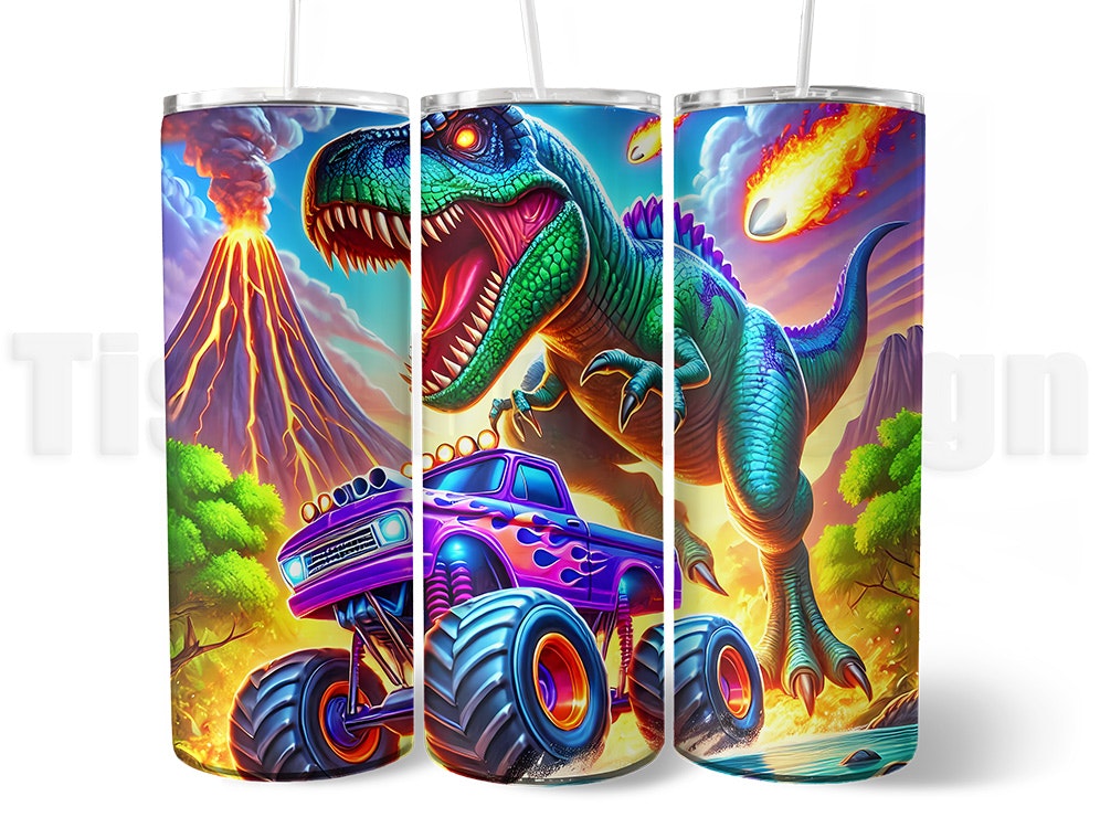 Barntumbler 20 oz med dinosaurie- och monstertruckmotiv, färgglad och vakuumisolerad för varma eller kalla drycker, med spillfritt lock.