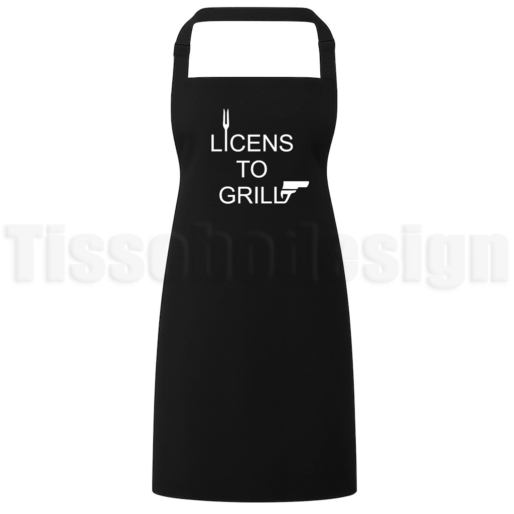 Förkläde med texten Licens to grill och motiv av grillgaffel och pistol – humoristiskt agenttema för grillälskare