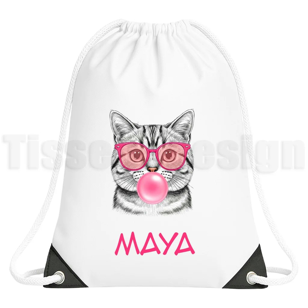 Gympapåse med kattmotiv, rosa bubbelgum och namnet MAYA – anpassad text för barn