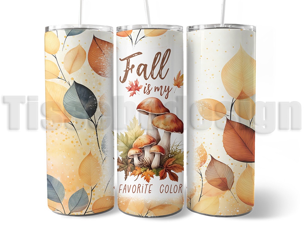 Vit tumbler - termomugg med höstmotiv och texten Fall is my Favorite Color, dekorerad med höstlöv och svampar, isolerad för varma och kalla drycker, med sugrör och rengöringsborste.
