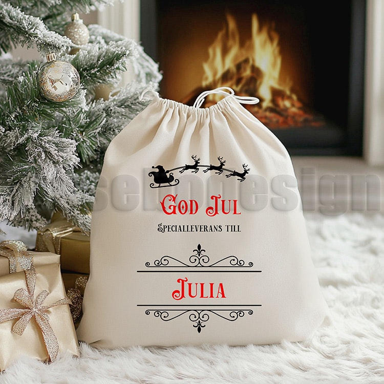 Personlig julsäck i beige canvas med tomtemotiv, texten God Jul, Specialleverans Till och valbart namn.