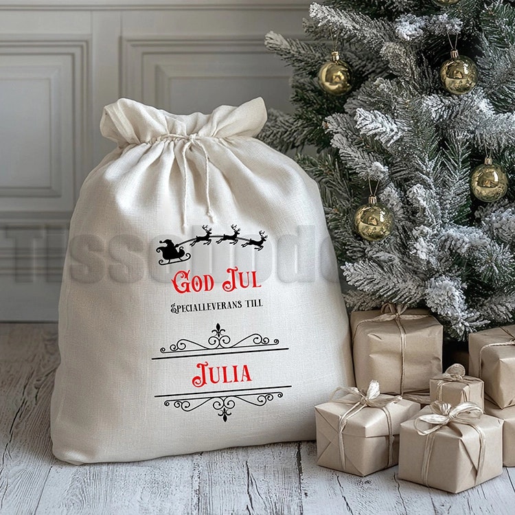 Naturvit julsäck med tomtemotiv, texten God Jul, Specialleverans Till och anpassningsbart namn.