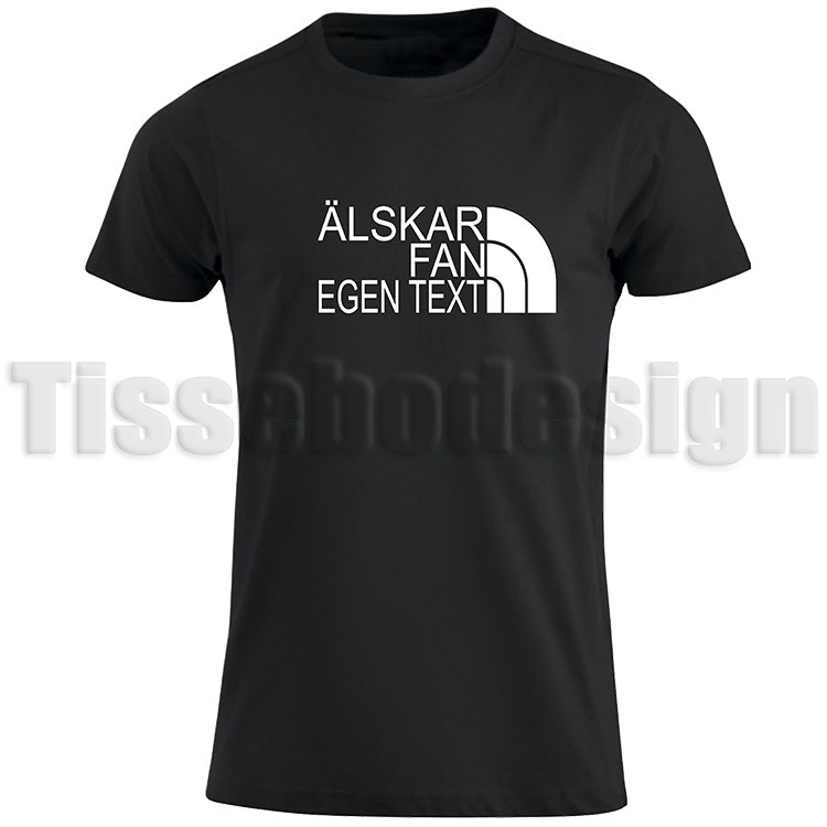 Svart T-shirt med vit text Älskar Fan - anpassningsbar text, 100% bomull, unisex, S till 5XL.