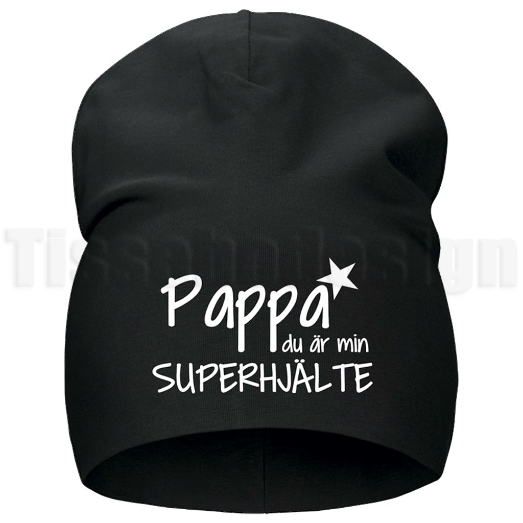 Mössa med texten Pappa du är min superhjälte med stjärna – personlig och uppskattad hyllning