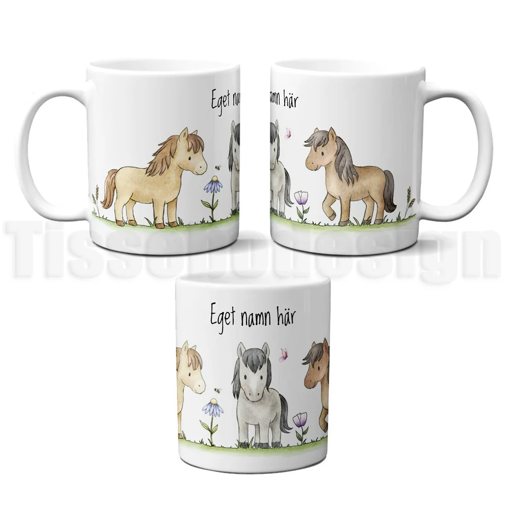 Personlig barnmugg med hästmotiv och plats för eget namn – en perfekt present för hästälskare.